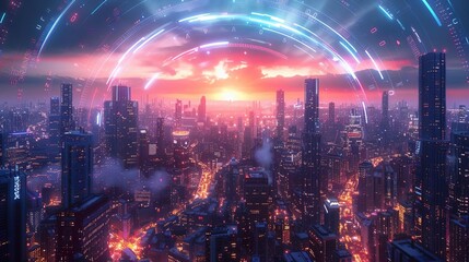 Fototapeta premium A futuristic cityscape under a holographic dome showcasing clean air technology