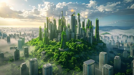 A city powered by holographic solar grids with clean air and lush green rooftops