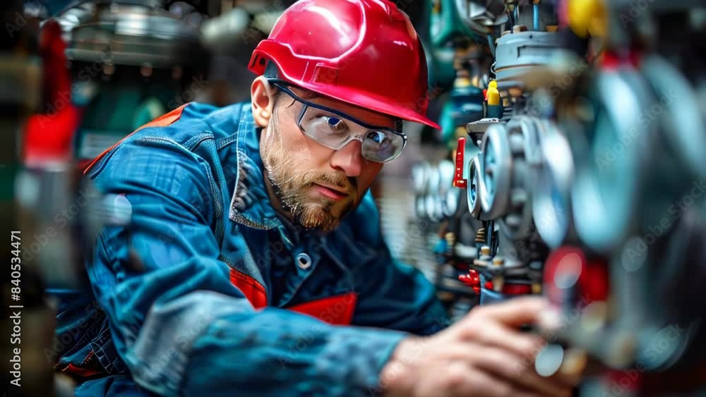 Poster engineer in helmet and uniform working at the factory. he is checking the machine pipe in the oil re