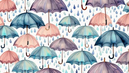 Fototapeta premium 雨の中のカラフルな傘を描いた魅力的な水彩イラスト、鮮やかな雨粒が周囲に降り注ぐ。遊び心と幻想的なデザインが喜びと陽気さを感じさせ、雨の日を明るくする。 