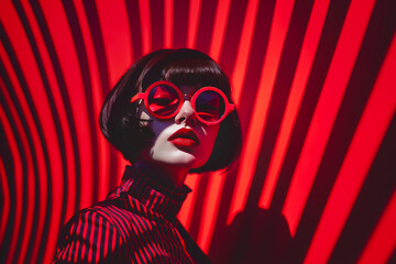 A woman with round glasses and a bob cut stands against a backdrop of vivid red stripes, creating a dynamic and intense visual