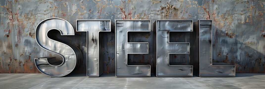 Metal letters spelling STEEL against a textured rusty metal wall, highlighting industrial strength