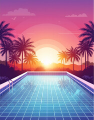 Pool at sunset with palm trees.