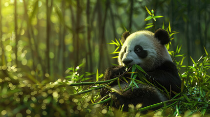 Fototapeta premium Captivating panda moment: a panda enjoys eating in the bamboo forest, beautifully documented.