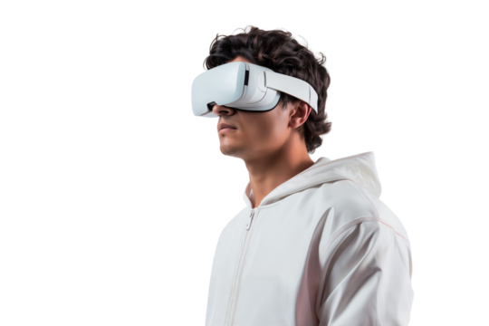 A man using virtual reality headset. VR, future, gadgets, technology concept Isolated on transparent background