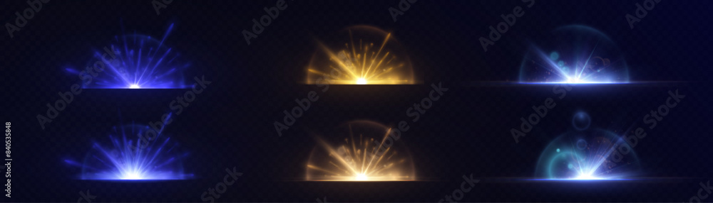 Poster A set of horizontal light flashes with the effect of glare and particle explosion. Vector