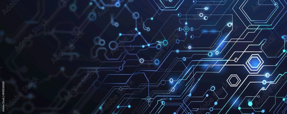 Poster digital technology background with hexagons and circuits in the style of circuit boards, with a blue