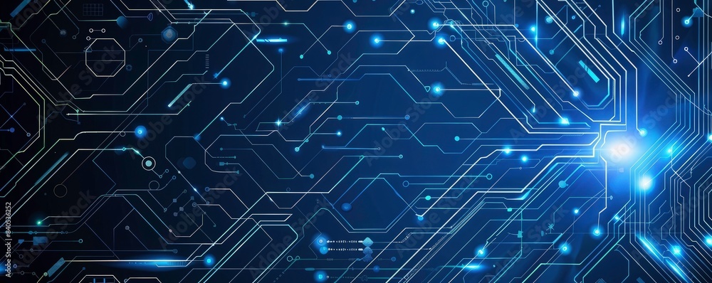Poster digital technology background with hexagons and circuits in the style of circuit boards, with a blue