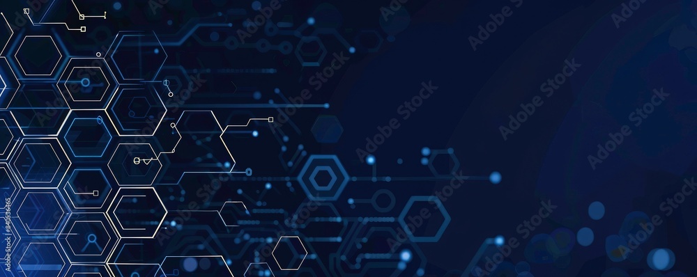 Poster digital technology background with hexagons and circuits in the style of circuit boards, with a blue