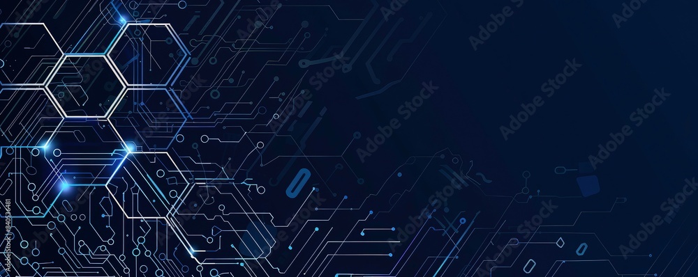Poster digital technology background with hexagons and circuits in the style of circuit boards, with a blue