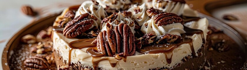 Delicious pecan cake topped with whipped cream and caramel drizzle on a wooden plate, perfect for dessert lovers.