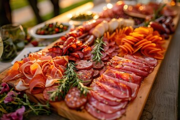 A beautiful charcuterie board with assorted meats, cheeses, and fruits, perfect for gatherings and culinary presentations.