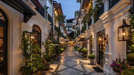 Fototapeta premium A bustling city center street lined with white buildings and lush greenery, boasting luxurious shops flanking an alley adorned with vibrant flowers.