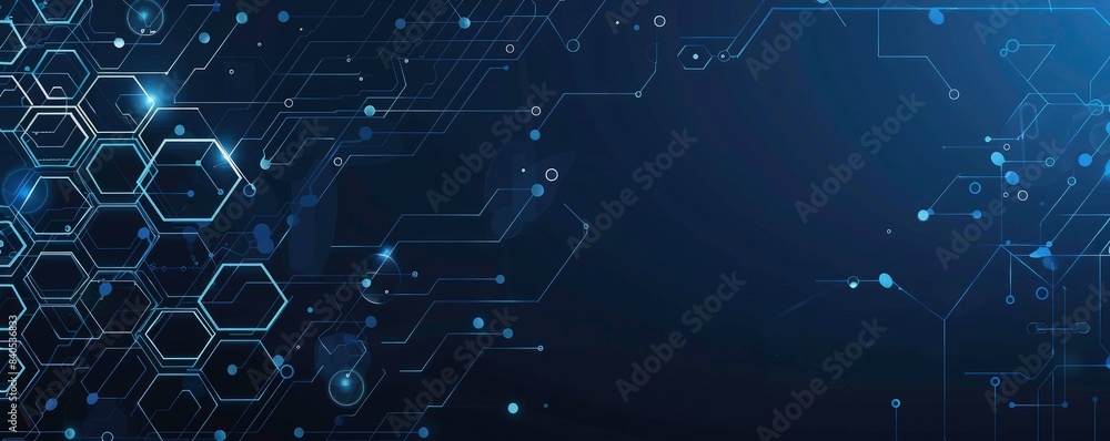Poster digital technology background with hexagons and circuits in the style of circuit boards, with a blue
