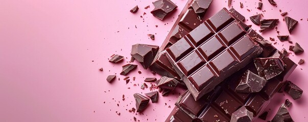 Flat lay of a chocolate bar broken into pieces, positioned in the upperright third on a pastel pink background