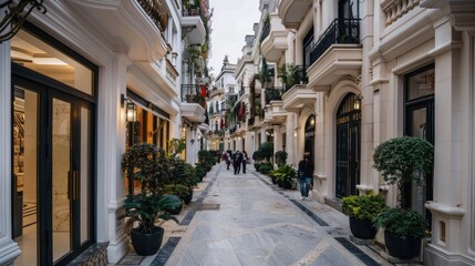 Fototapeta premium A bustling city center street lined with white buildings and lush greenery, boasting luxurious shops flanking an alley adorned with vibrant flowers.