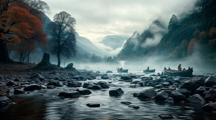misty morning in the river and the mountains created with Generative AI technology