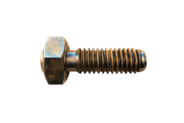 Close-up of a metallic screw with a hexagonal head, ideal for construction and engineering projects. Isolated on a transparent background.
