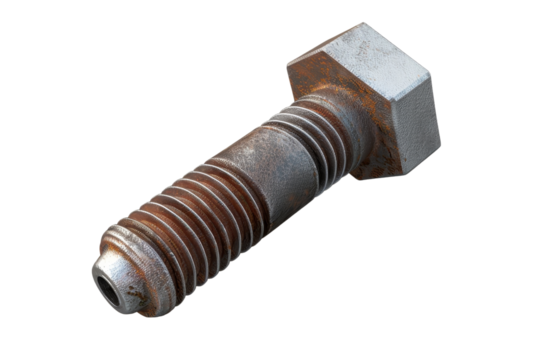 Close-up of a rusted metal bolt on a plain background, showcasing texture and corrosion in industrial hardware.