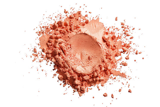 Crushed peach blush makeup product with scattered powder, isolated on a transparent background. highlighting beauty and cosmetics.