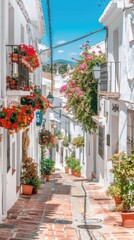 A bustling city center street lined with white buildings and lush greenery, boasting luxurious shops flanking an alley adorned with vibrant flowers.