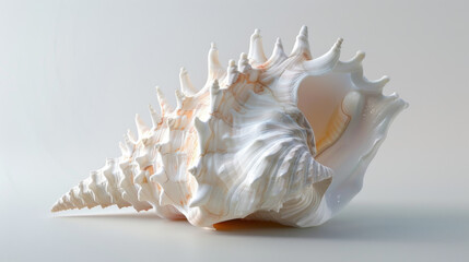 Fototapeta premium Close-up of a large, detailed spiked seashell displayed on a white surface, showcasing its intricate texture and patterns.