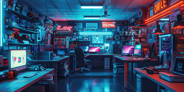 Tech Gadgets Galore: Tech store showcasing the latest gadgets, accessories, and banners proclaiming Gadget Bonanza Sale