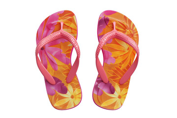 Colorful flip flops with floral pattern, perfect for summer beach outings. Top view of a pair with vibrant orange, pink, and yellow design.