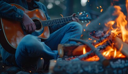 Young man playing acoustic guitar by a campfire on a summer evening, sitting on a wooden log near the bon fire and singing songs with friends during a travel trip