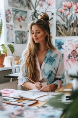 Fototapeta premium woman creating a vision board Include calming colors like soft pinks and blues , watercolor pastel : Generative AI