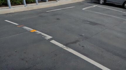 a car parked in a parking lot with a yellow marker