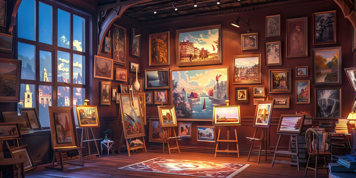 Art Gallery Masterpiece Sale: Art gallery walls adorned with paintings, sculptures, and Limited Time Art Sale banners