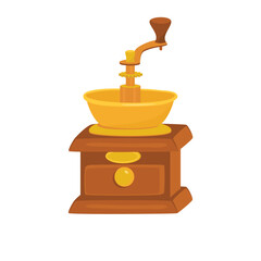 Vintage manual coffee grinder isolated on white background.Wooden container and copper mill with handle.Vector graphic design for use in banner template,sticker,card.Flat cartoon illustration.

