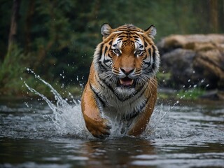 Naklejka premium Low angle photo of Siberian tiger, Panthera tigris altaica, direct face view, running through the water directly towards the camera and splashing around. Action when attacking the predator. Tiger in t