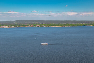 View from Camel Mountain on the Volga river and passenger steamboat, Zhiguli rocks, Samarskaya Luka Nature Reserve.