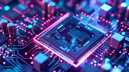 a close-up of a microchip with blue and purple neon lights.