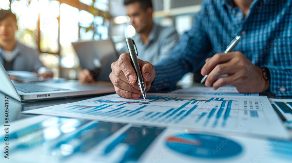 Aufkleber organize and discuss the financial report chart data in the office financial advisor teamwork and ac