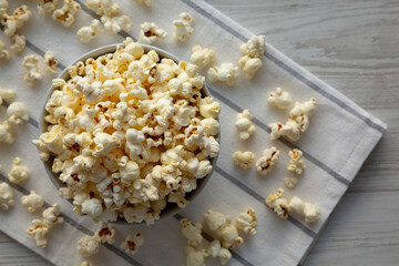 White Buttered Popcorn with Salt in a Bowl, top view.