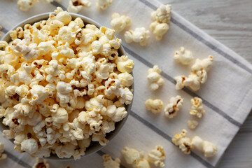 White Buttered Popcorn with Salt in a Bowl, top view.