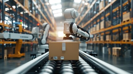 Robot arm grabbing cardboard box on roller conveyor rack with storage warehouse background