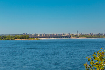 Fototapeta premium View on Zhiguli Hydroelectric Station at the Volga River, Zhigulevsk, Samara region, Russia