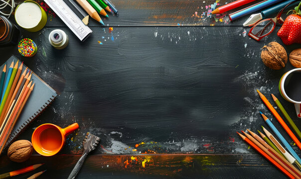 Educational Supplies on Blackboard with Colorful Pencils, Notebook, and Coffee for Creative School Projects and Learning Tools