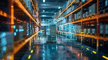 Fototapeta premium Smart warehouse management system using augmented reality technology for package pick-up and delivery. Future concept of supply chain and logistics