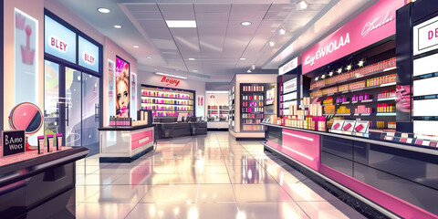 Beauty Salon Glamour Sale: Beauty salon interior with beauty products, makeup displays, and signs promoting Beauty Blowout Deals.