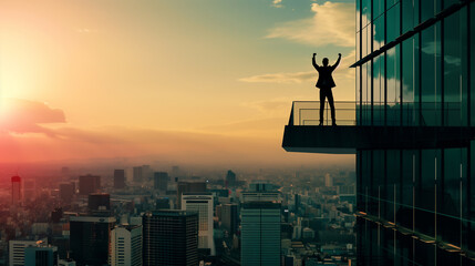 Silhouette of businessman standing on roof with raised fist in the air as a victory success