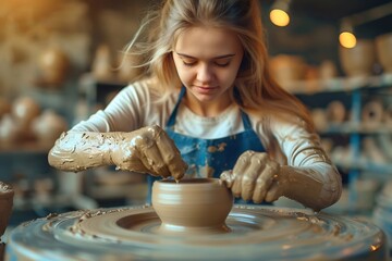 beautiful craftswoman in apron sitting at pottery wheel and using craft tool while shaping wet clay vessel : Generative AI