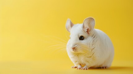 A white chinchilla sits on a yellow background, looking to the left with its ears perked up.