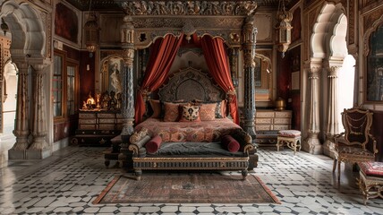 This image presents a refined traditional Asian bedroom, featuring an exquisite rosewood four-poster bed, capturing the essence of timeless elegance and cultural heritage.