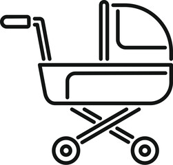 Minimalist black and white modern baby stroller icon in simple line art design, perfect for parenting and childcare web and product illustrations