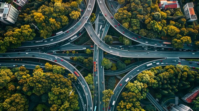 Fototapeta From an aerial view, an aerial top view shows a multilevel junction ring road with motorway interchanges, generating artificial intelligence